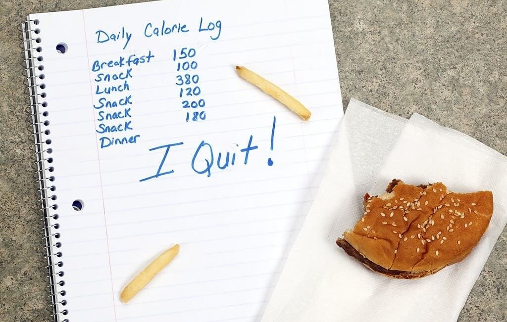 Un cuaderno con un registro de las calorías diarias y las palabras "Lo dejo" escritas en la parte inferior, con una hamburguesa a medio comer y unas patatas fritas encima del cuaderno.